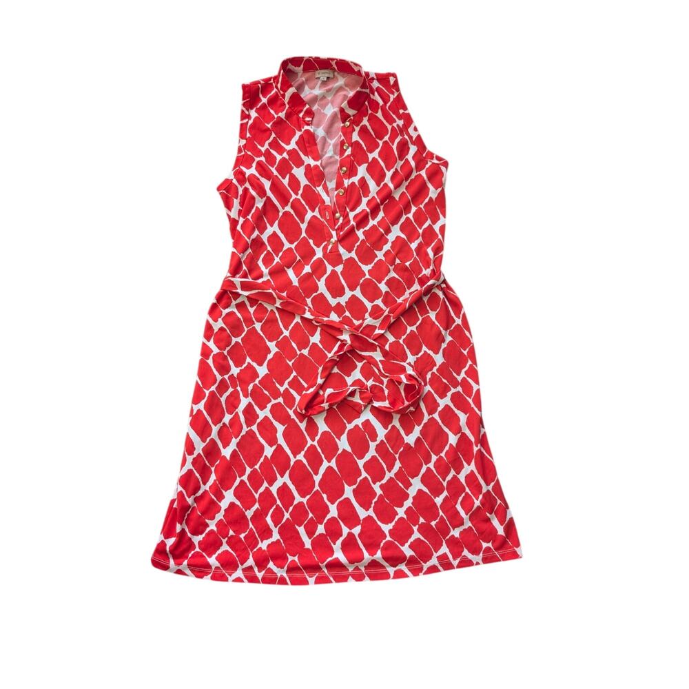 Cremieux Red White Geometric Print Ruffle Sleeve Dress Size Small EUC